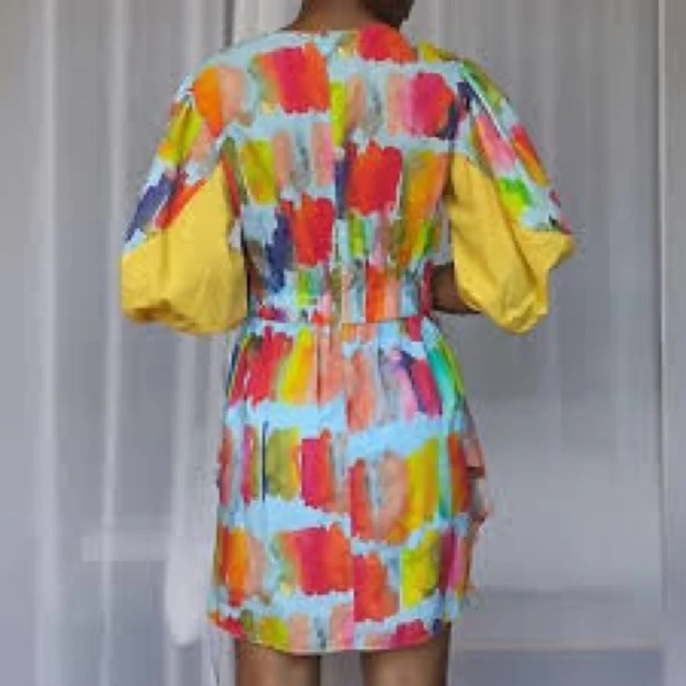 Rhode Pia Mini Dress Puff-Sleeve Brush Strokes Multicolor Water Small XS - Picture 4 of 7